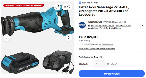 Hazet Akku-Säbelsäge 9234-010 Grundgerät inkl. 2,5 AH Akku und Ladegerät Hazet Akku-Säbelsäge 9234-010 Grundgerät inkl. 2,5 AH Akku und Ladegerät