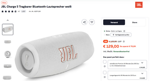 JBL Charge 5 Bluetooth-Lautsprecher in Weiß JBL Charge 5 Bluetooth-Lautsprecher in Weiß