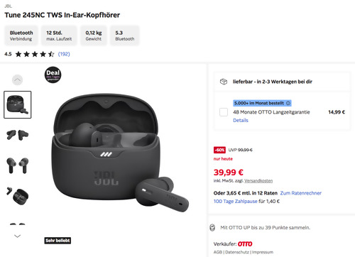 JBL Tune 245NC TWS In-Ear-Kopfhörer in Schwarz JBL Tune 245NC TWS In-Ear-Kopfhörer in Schwarz