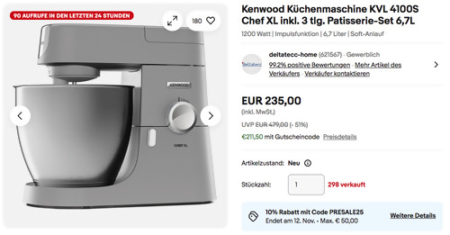 Kenwood Küchenmaschine KVL 4100S Chef XL inkl. 3 tlg. Patisserie-Set Kenwood Küchenmaschine KVL 4100S Chef XL inkl. 3 tlg. Patisserie-Set