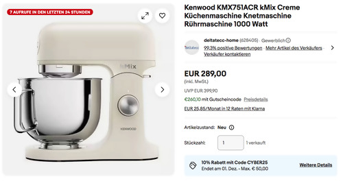 Kenwood KMX751ACR kMix Küchenmaschine in Creme, 1000 Watt