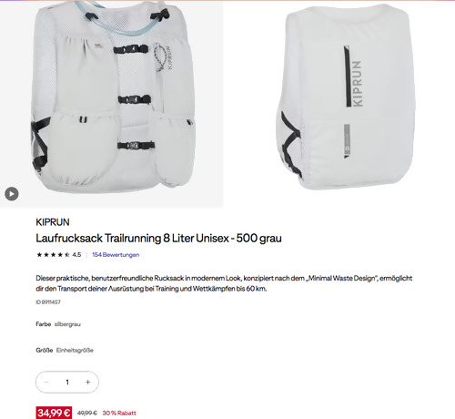 KIPRUN Laufrucksack Trailrunning 8 Liter Unisex - 500 grau