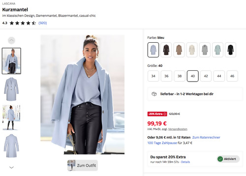 LASCANA Kurzmantel im klassischen Design in Bleu, 40-46 LASCANA Kurzmantel im klassischen Design in Bleu, 40-46