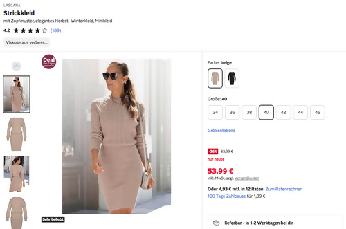 LASCANA Strickkleid mit Zopfmuster in Beige oder Schwarz, 40-46 LASCANA Strickkleid mit Zopfmuster in Beige oder Schwarz, 40-46