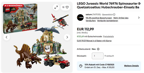 LEGO Jurassic World 76976 Spinosaurier & Quetzalcoatlus: Hubschrauber-Einsatz Bausatz