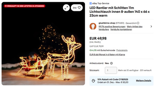 NCC-Licht 120 x 66 x 23cm LED Rentier mit Schlitten