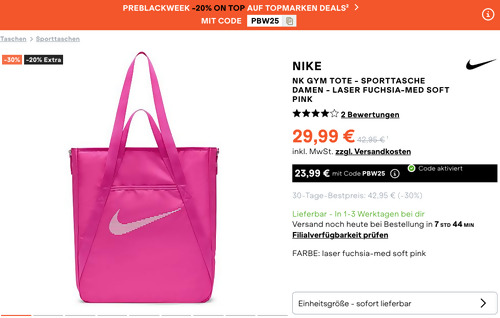 Nike GYM TOTE Sporttasche in Laser Fuchsia-Med Soft Pink Nike GYM TOTE Sporttasche in Laser Fuchsia-Med Soft Pink