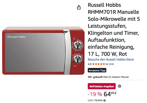 Russell Hobbs RHMM701R Mikrowelle in Rot Russell Hobbs RHMM701R Mikrowelle in Rot