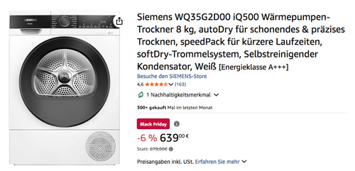 Siemens WQ35G2D00 iQ500 8 kg Wärmepumpen-Trockner