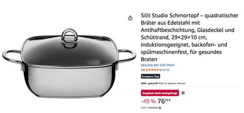 Silit 29×29×10 cm Studio Schmortopf mit Glasdeckel Silit 29×29×10 cm Studio Schmortopf mit Glasdeckel