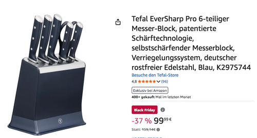 Tefal K297S744 EverSharp Pro 6-tlg. Messer-Block in Blau, Schärfsystem