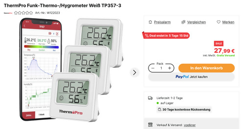 ThermPro Funk-Thermo-/Hygrometer Weiß TP357-3 3er Pack, Bluetooth