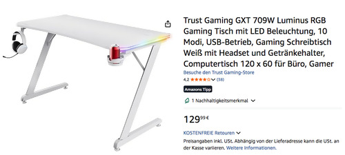 Trust Gaming GXT 709W Luminus RGB 120 x 60 cm Gaming Tisch in Weiß Trust Gaming GXT 709W Luminus RGB 120 x 60 cm Gaming Tisch in Weiß