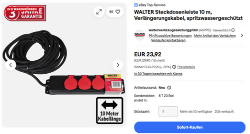 WALTER 4-Fach 10 m Steckdosenleiste, spritzwassergeschützt