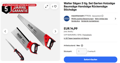 Walter 610719 3 tlg. Sägen-Set (Handsäge, Rückensäge, Stichsäge) Walter 610719 3 tlg. Sägen-Set (Handsäge, Rückensäge, Stichsäge)