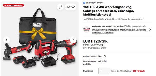 WALTER 630577 7-tlg. Akku-Werkzeugset (Stichsäge, Bohrschrauber, Multifunktionswerkzeug, 2x Akku)