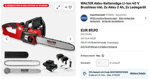 WALTER Akku-Kettensäge Li-Ion 40 V inkl. 2x Akku, 350 mm (14") Schwertlänge WALTER Akku-Kettensäge Li-Ion 40 V inkl. 2x Akku, 350 mm (14") Schwertlänge