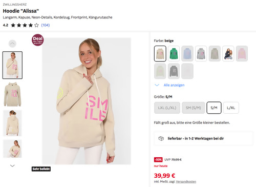 ZWILLINGSHERZ Hoodie "Alissa", versch. Farben und Größen