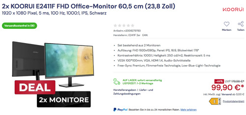 2x KOORUI E2411F FHD Office-Monitor 60,5 cm (23,8 Zoll) Set