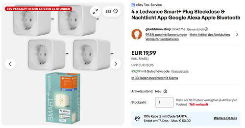 4 x Ledvance Smart+ Plug Steckdose & Nachtlicht (App Google Alexa Apple Bluetooth) 4 x Ledvance Smart+ Plug Steckdose & Nachtlicht (App Google Alexa Apple Bluetooth)