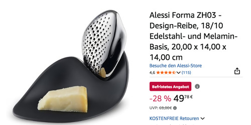 Alessi Forma ZH03 20 cm Design-Reibe, 18/10 Edelstahlkörper und Melaminbasis