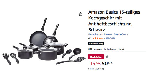 Amazon Basics 15-teiliges Kochgeschirr mit Antihaftbeschichtung in Schwarz