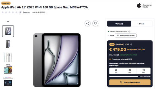 Apple iPad Air 11" 2025 Wi-Fi 128 GB Space Grau MC9W4TY/A Apple iPad Air 11" 2025 Wi-Fi 128 GB Space Grau MC9W4TY/A