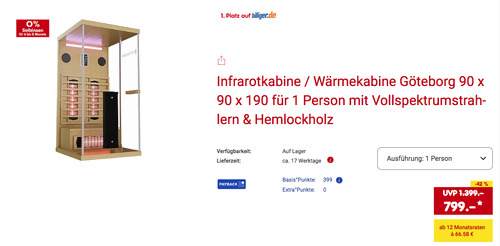 Artsauna 90 x 90 x 190 cm Infrarotkabine / Wärmekabine Göteborg, 1450 W