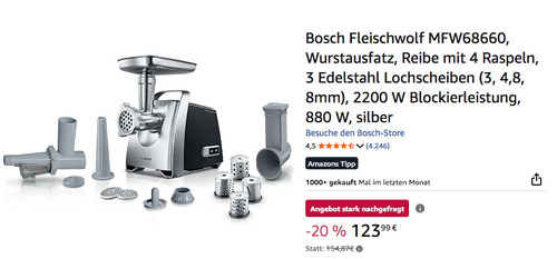 Bosch Fleischwolf MFW68660, 800 Watt Motor Bosch Fleischwolf MFW68660, 800 Watt Motor