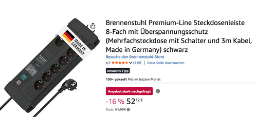 Brennenstuhl 1256000698 Premium-Line Steckdosenleiste 8-Fach mit Überspannungsschutz