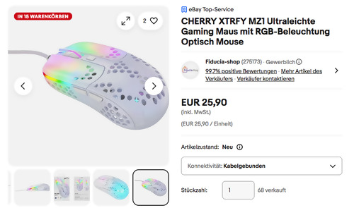 CHERRY XTRFY MZ1 Ultraleichte Kabelgebundene Gaming-Maus mit RGB-Beleuchtung