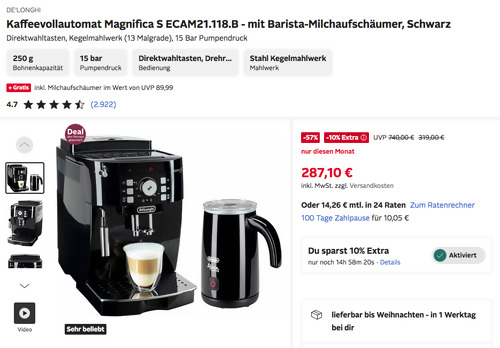 DE'LONGHI Kaffeevollautomat Magnifica S ECAM21.118.B mt Barista-Milchaufschäumer DE'LONGHI Kaffeevollautomat Magnifica S ECAM21.118.B mt Barista-Milchaufschäumer