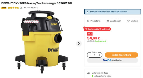 DEWALT DXV20PB 20l Nass-/Trockensauger DEWALT DXV20PB 20l Nass-/Trockensauger