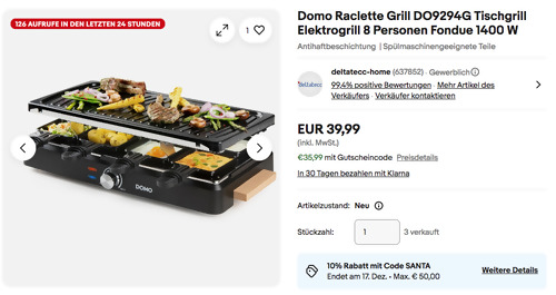 Domo Raclette Grill DO9294G für 8 Personen, 1400 W Domo Raclette Grill DO9294G für 8 Personen, 1400 W
