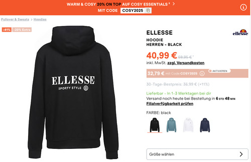 Ellesse Herren Hoodie in Black, S - XXL Ellesse Herren Hoodie in Black, S - XXL