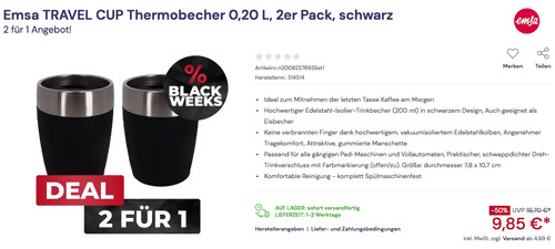 Emsa TRAVEL CUP 0,20 L Thermobecher in Schwarz 2er Pack