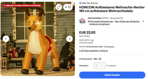HOMCOM 180 cm Aufblasbares Weihnachts-Rentier HOMCOM 180 cm Aufblasbares Weihnachts-Rentier