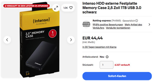 Intenso 1TB HDD externe Festplatte Memory Case 2,5 Zoll in Schwarz