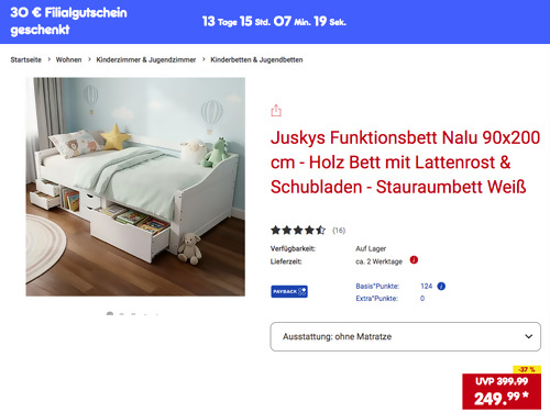 Juskys Funktionsbett "Nalu" 90x200 cm in Weiß inkl. 30 Netto Marken-Discount Filialgutschein Juskys Funktionsbett "Nalu" 90x200 cm in Weiß inkl. 30 Netto Marken-Discount Filialgutschein