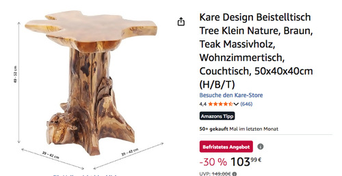 Kare Design Beistelltisch Tree Klein Nature ca. 50cm, Teak Massivholz
