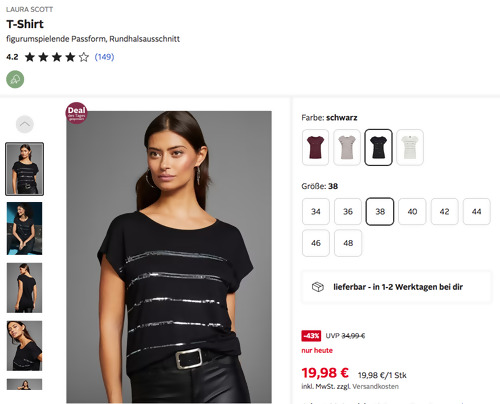 LAURA SCOTT T-Shirt mit glitzernden Pailletten In Schwarz, 34-48 LAURA SCOTT T-Shirt mit glitzernden Pailletten In Schwarz, 34-48