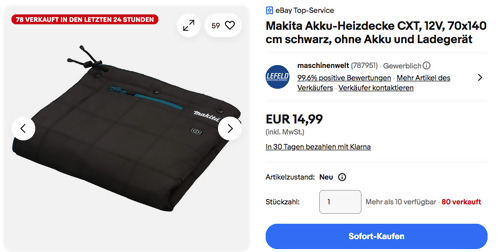 Makita 70x140 cm Akku-Heizdecke CXT ohne Akku und Ladegerät Makita 70x140 cm Akku-Heizdecke CXT ohne Akku und Ladegerät