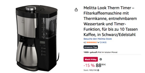 Melitta Look Therm Timer 1025-18 Filterkaffeemaschine mit Thermkanne in Schwarz/Edelstahl