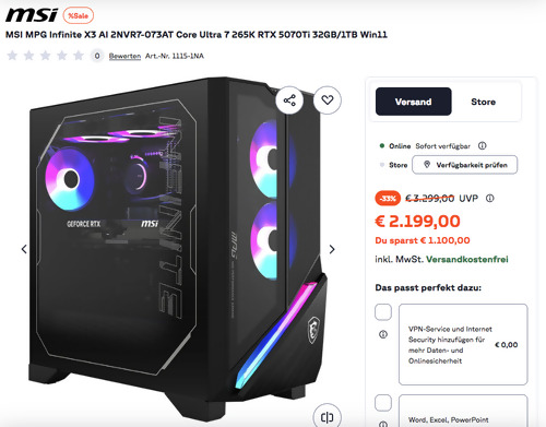 MSI MPG Infinite X3 AI 2NVR7-073AT Gaming PC (Core Ultra 7 265K RTX 5070Ti 32GB/1TB Win11)