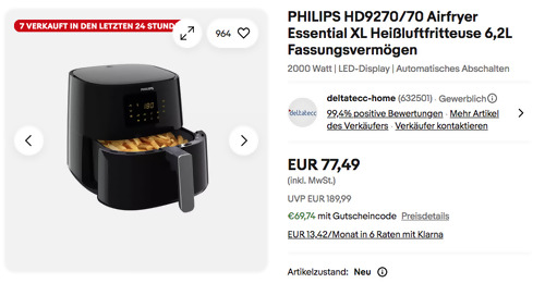 PHILIPS HD9270/70 Airfryer Essential XL Heißluftfritteuse