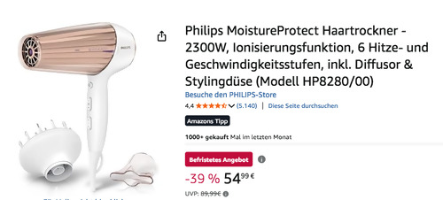Philips HP8280/00 MoistureProtect Haartrockner inkl. Diffusor & Stylingdüse Philips HP8280/00 MoistureProtect Haartrockner inkl. Diffusor & Stylingdüse
