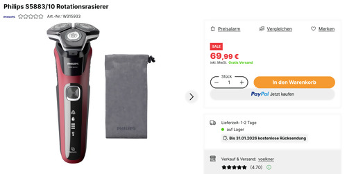 Philips S5883/10 Rotationsrasierer in Schwarz/Rot Philips S5883/10 Rotationsrasierer in Schwarz/Rot