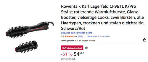 Rowenta x Karl Lagerfeld CF961L K/Pro Stylist rotierende Warmluftbürste in Schwarz/Rot