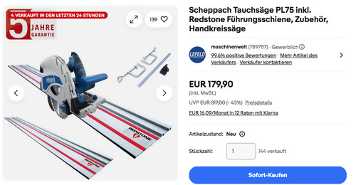 Scheppach Tauchsäge PL75 inkl. Redstone Führungsschiene und Zubehör