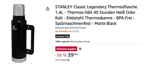 STANLEY Classic Legendary Thermosflasche 1.4L in Matt Schwarz STANLEY Classic Legendary Thermosflasche 1.4L in Matt Schwarz